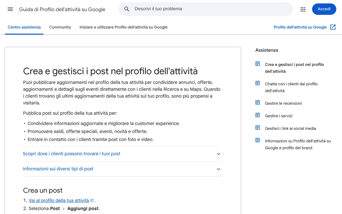 La pagina di aiuto di Google «Crea e gestisci i post nel profilo dell'attività»