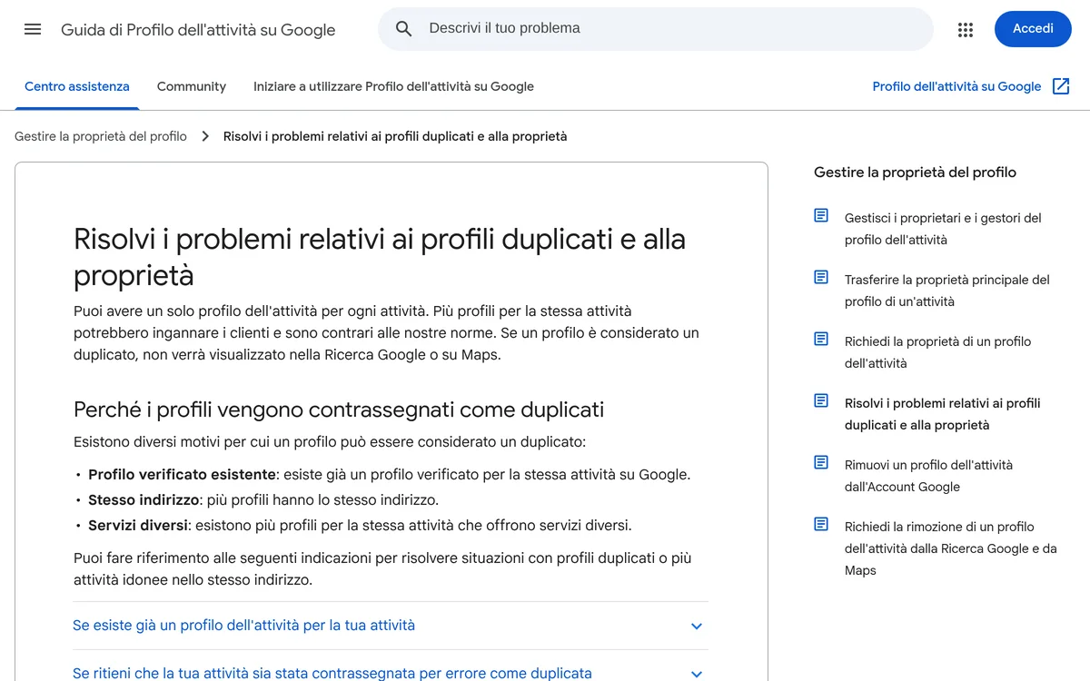 La pagina di aiuto di Google «Risolvi i problemi relativi ai profili duplicati e alla proprietà»